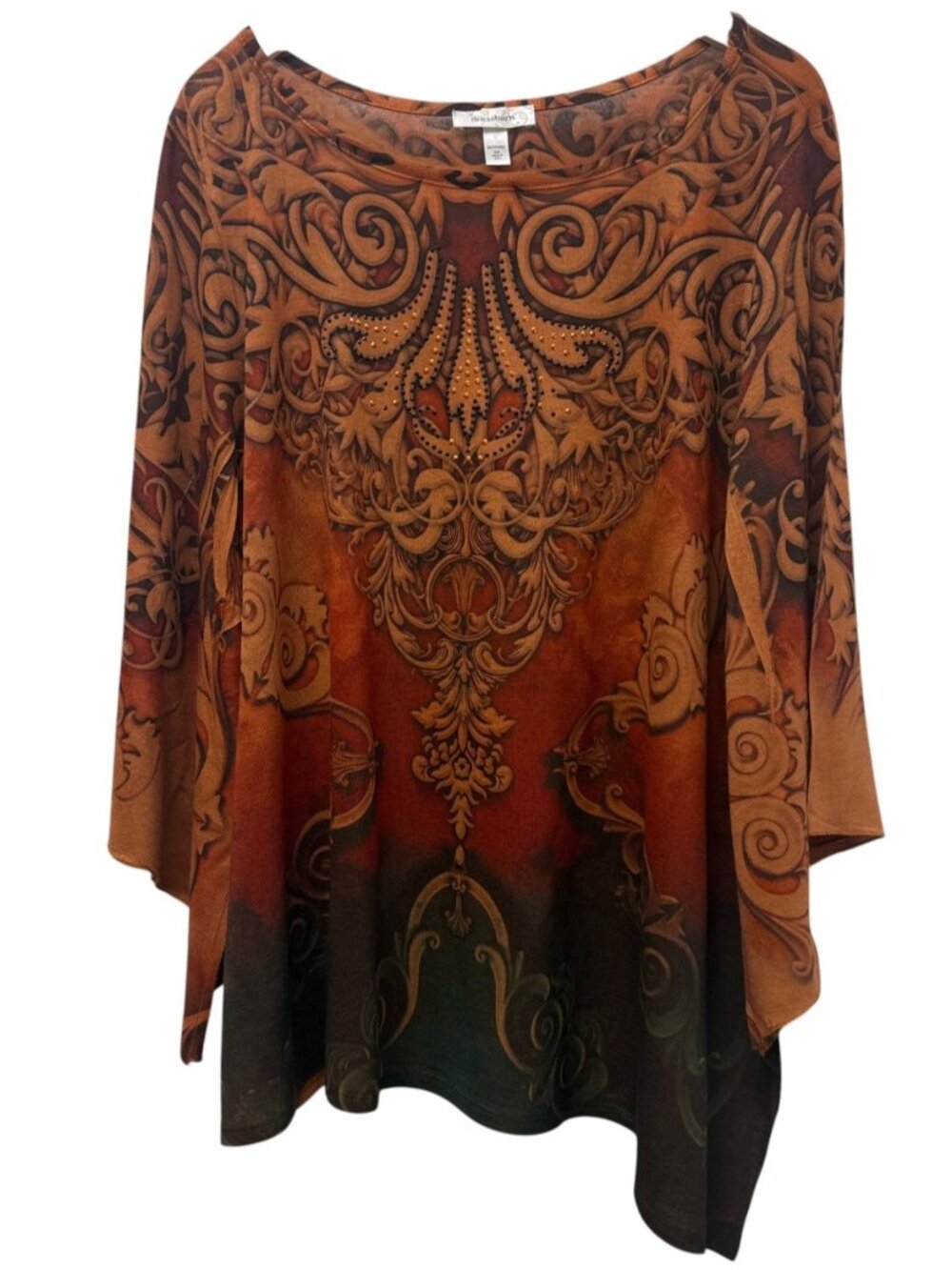 Dressbarn Womens 3X Brown Orange Scroll Print Artsy Long Sleeve Tee